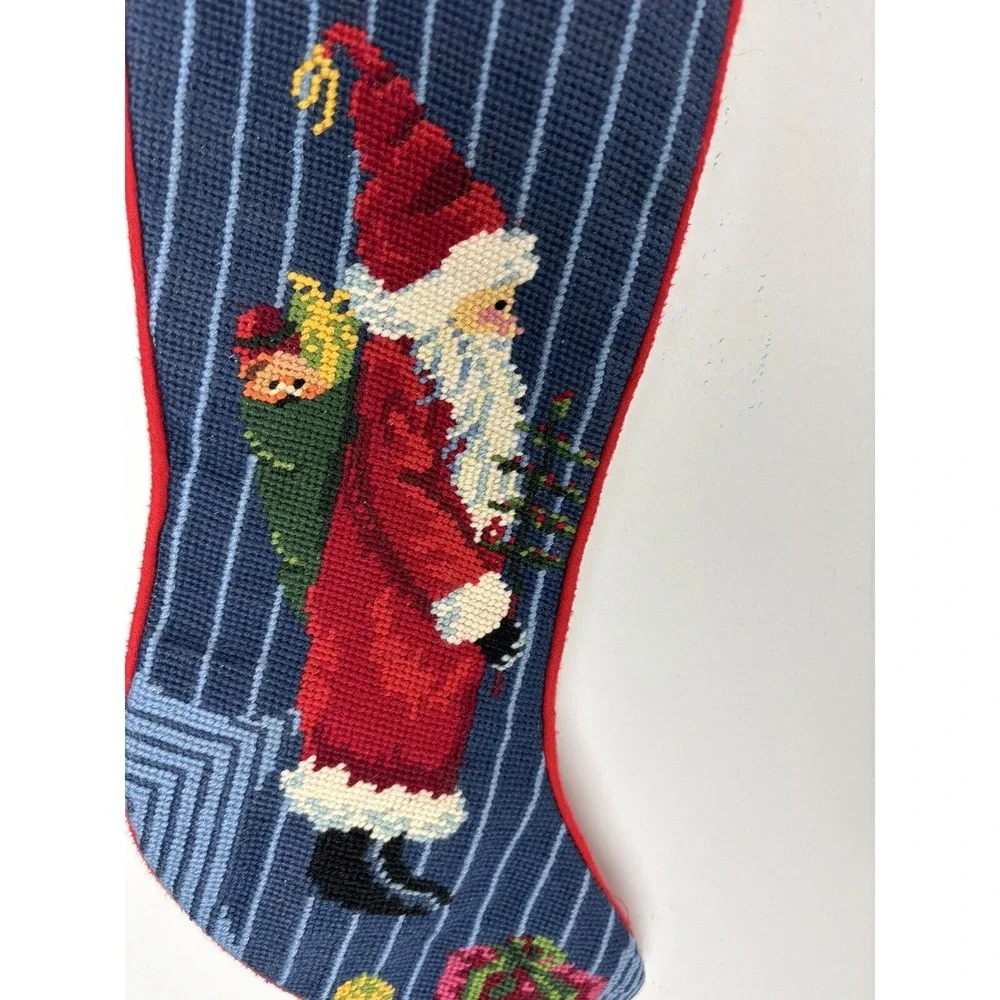 Needlepoint Christmas Stocking Santa Claus GUC